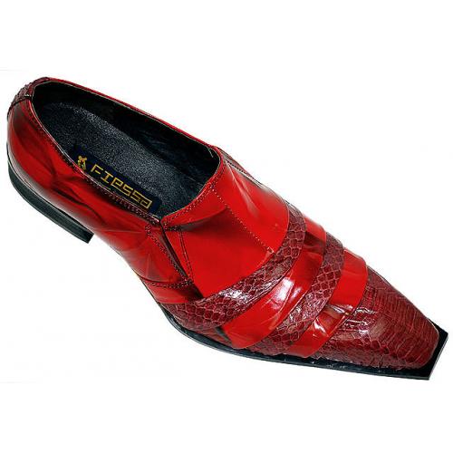 Fiesso Red Genuine Cobra Snake Skin & Wrinkle Leather Pointed Toe Shoes FI8176